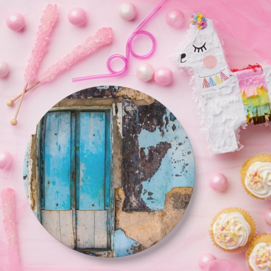 Blauwe wand en deur papieren bordje (Feest)