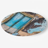 Blauwe wand en deur papieren bordje (Gekanteld)