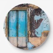 Blauwe wand en deur papieren bordje (Voorkant)