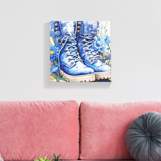 Blauwe wandelschoenen met Wildflowers Canvas Print (Insitu (Woonkamer))