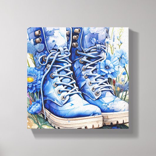 Blauwe wandelschoenen met Wildflowers Canvas Print (Voorkant)