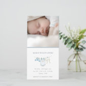 Blauwe waslijn foto baby geboorteaankondiging bedankkaart (Staand voorkant)