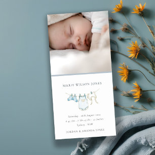 Blauwe waslijn foto baby geboorteaankondiging  bedankkaart