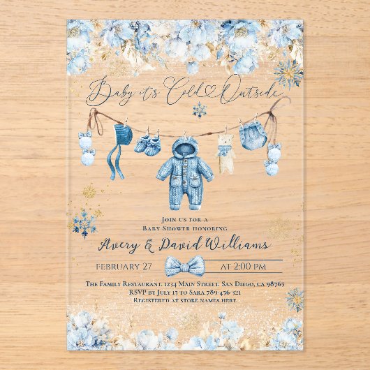 Blauwe waslijn koud buiten Baby Boy Shower Acryl Uitnodigingen (Voorkant)