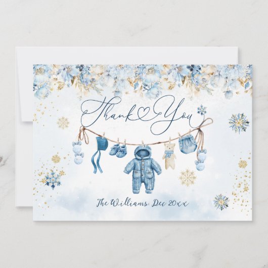 Blauwe waslijn koud buiten Baby Boy Shower Bedankkaart (Voorkant)