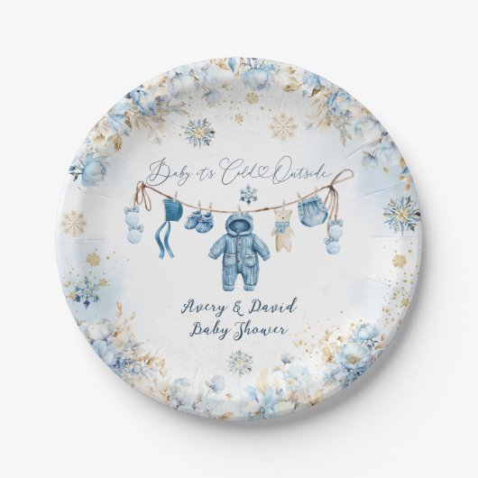 Blauwe waslijn koud buiten Baby Boy Shower Papieren Bordje (Voorkant)