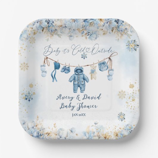 Blauwe waslijn koud buiten Baby Boy Shower Papieren Bordje (Voorkant)