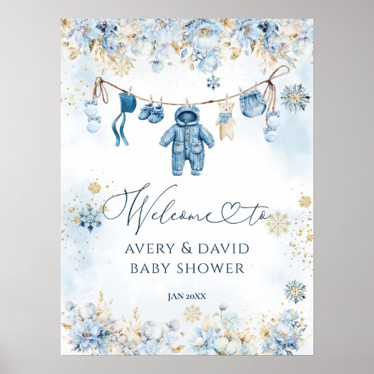 Blauwe waslijn koud buiten Baby Boy Shower Poster (Voorkant)