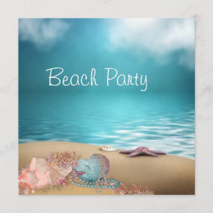 Blauwe Water Schelpen Zand Strand Feest Kaart
