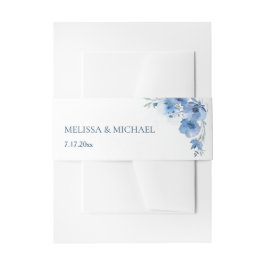 Blauwe watercolor bloemen bruiloft uitnodigingen wikkel