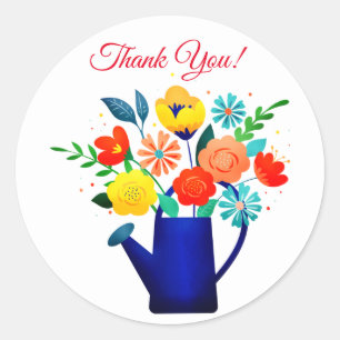 Blauwe watering en gele rode bloemen ronde sticker