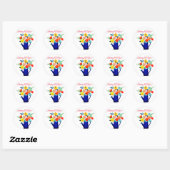 Blauwe watering en gele rode bloemen ronde sticker (Vel)