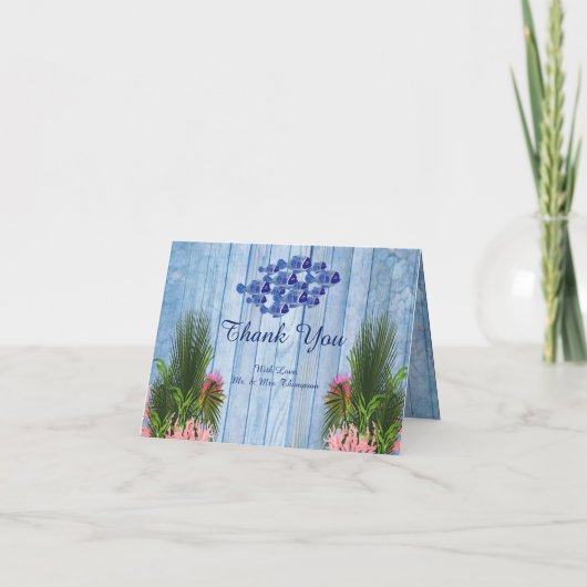 Blauwe waterkeien, roze lamingos en vis bedankkaart (Voorkant)