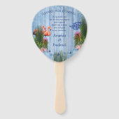 Blauwe waterkeien, roze lamingos en vis handwaaier (Achterkant)