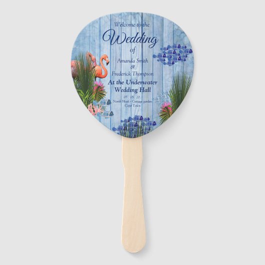 Blauwe waterkeien, roze lamingos en vis handwaaier (Voorkant)