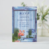 Blauwe waterkeien, roze lamingos en vis RSVP kaartje (Staand voorkant)