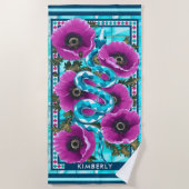 Blauwe Waterslang & Roze Bloemen Pool Custom Strandlaken (Voorkant)