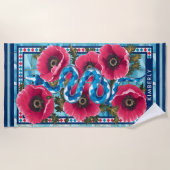 Blauwe Waterslang & Roze Bloemen Pool Custom Strandlaken (Voorkant)