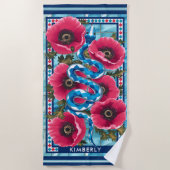 Blauwe Waterslang & Roze Bloemen Pool Custom Strandlaken (Voorkant)