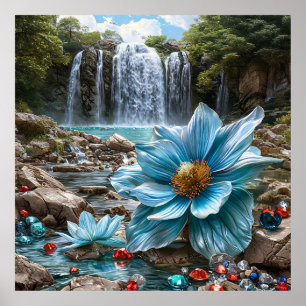 🌊 Blauwe Waterval Bloeiende Bloemen Natuur Sereni Poster