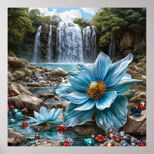 🌊 Blauwe Waterval Bloeiende Bloemen Natuur Sereni Poster (Voorkant)
