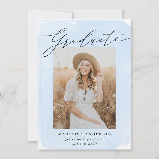 Blauwe Waterverf 4 Foto Afstuderen Aankondiging (Voorkant)