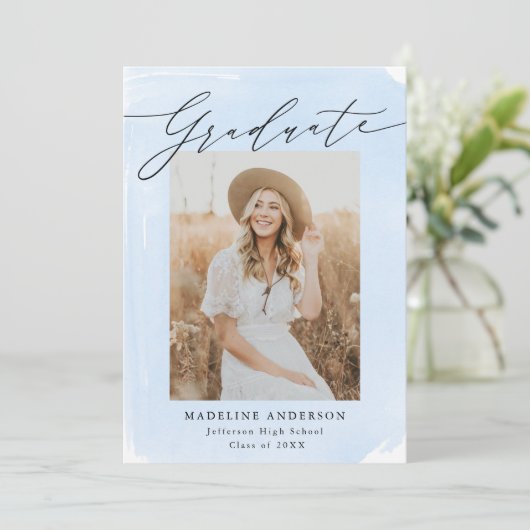 Blauwe Waterverf 4 Foto Afstuderen Aankondiging (Staand voorkant)