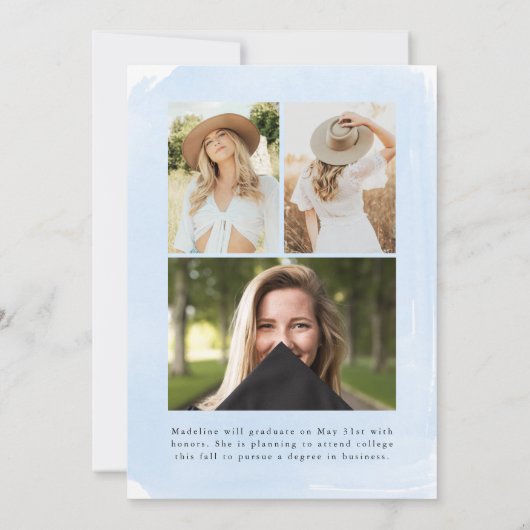 Blauwe Waterverf 4 Foto Afstuderen Aankondiging (Achterkant)