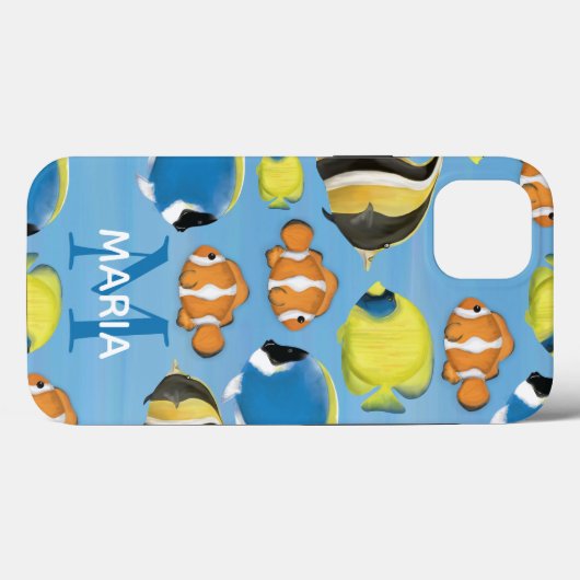 Blauwe Waterverf Aangepaste Monogram Tropische Vis Case-Mate iPhone Case (Achterkant (horizontaal))