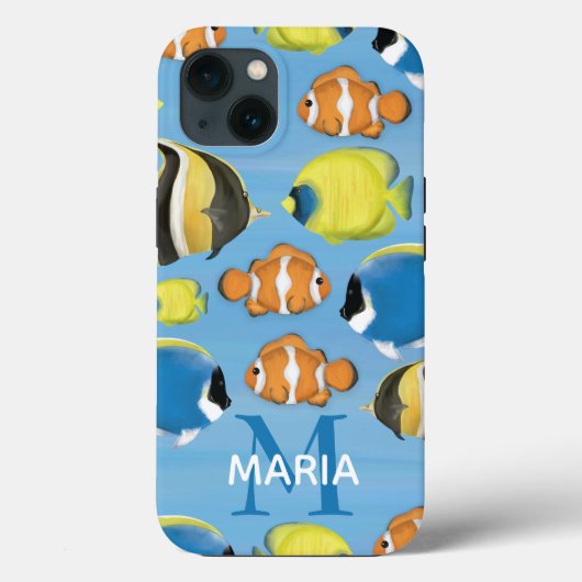 Blauwe Waterverf Aangepaste Monogram Tropische Vis Case-Mate iPhone Case (Achterkant)