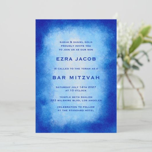 Blauwe Waterverf Aangepaste QR Code Bar Bat Mitzva Kaart (Staand voorkant)