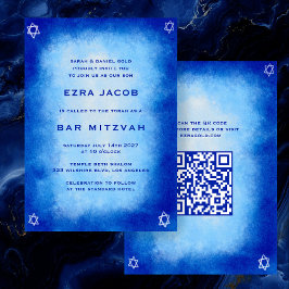 Blauwe Waterverf Aangepaste QR Code Bar Bat Mitzva Kaart