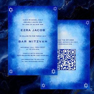 Blauwe Waterverf Aangepaste QR Code Bar Bat Mitzva Kaart