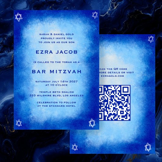 Blauwe Waterverf Aangepaste QR Code Bar Bat Mitzva Kaart