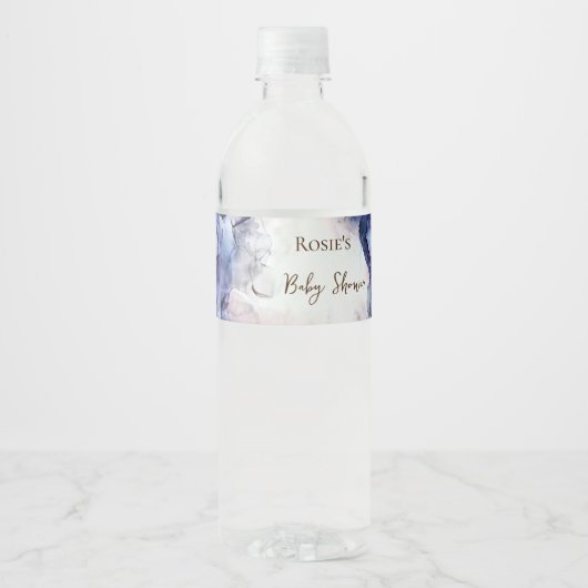 Blauwe waterverf abstract baby shower waterfles etiket (Voorkant)