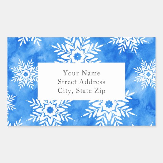Blauwe Waterverf Abstract Snowflakes Label (Voorkant)