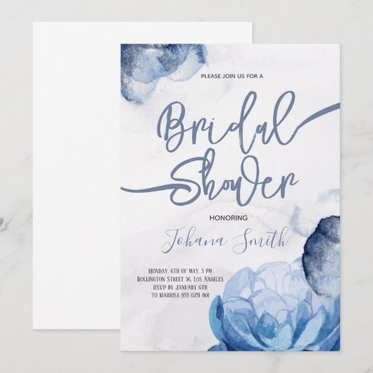 Blauwe Waterverf Abstracte Bridal Shower Uitnodigi Kaart (Voorkant / Achterkant)