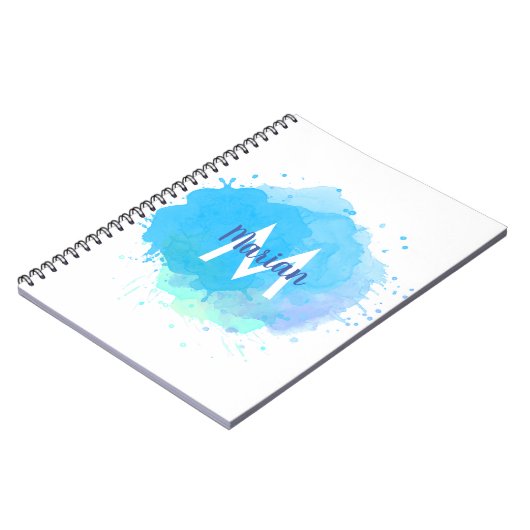 Blauwe Waterverf Abstracte Monogramnaam Notitieboek (Linkerzijde)