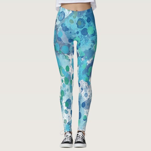 Blauwe Waterverf Abstracte spatten Leggings (Voorkant)