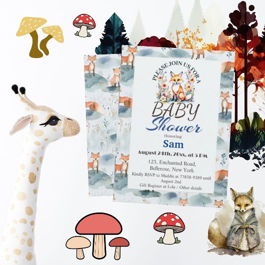 Blauwe Waterverf Baby Fox Baby shower Kaart