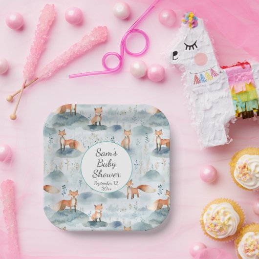 Blauwe Waterverf Baby Fox Baby shower Papieren Bordje (Feest)