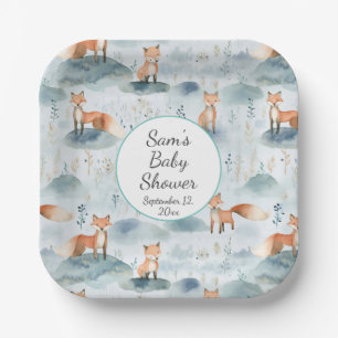 Blauwe Waterverf Baby Fox Baby shower Papieren Bordje