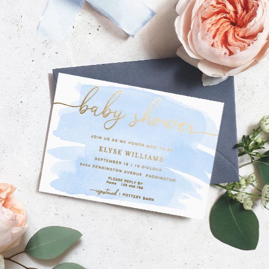 Blauwe Waterverf Baby shower Folie Uitnodiging
