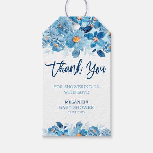 Blauwe Waterverf Baby shower Hartelijk dank Cadeaulabel (Voorkant)