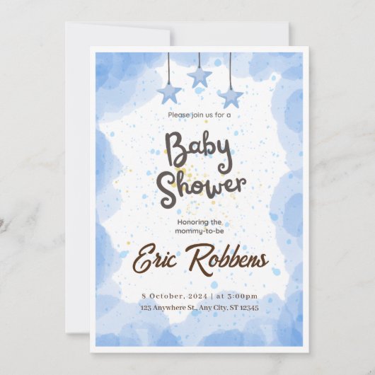 Blauwe Waterverf Baby shower Kaart (Voorkant)
