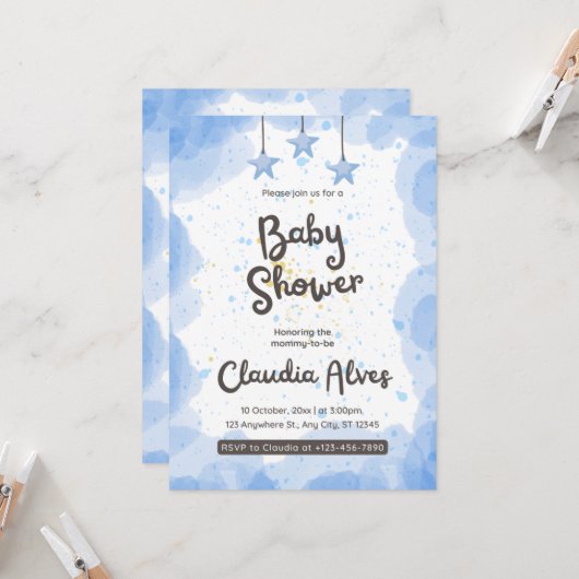 Blauwe Waterverf Baby shower Kaart (Voorkant / Achterkant in situ)