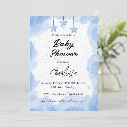 Blauwe Waterverf Baby shower Kaart (Staand voorkant)