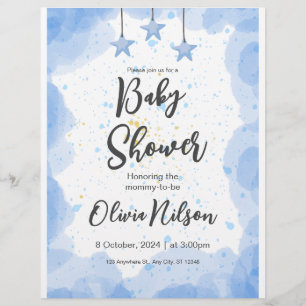 Blauwe Waterverf Baby shower, Oh Boy Baby shower Flyer