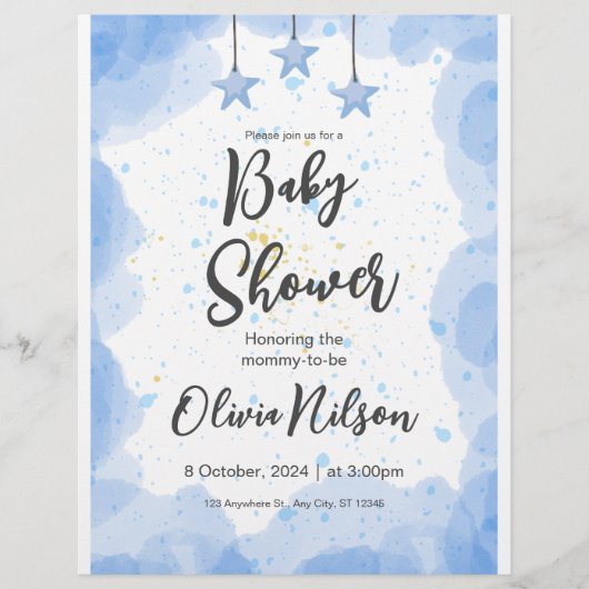 Blauwe Waterverf Baby shower, Oh Boy Baby shower Flyer (Voorkant)