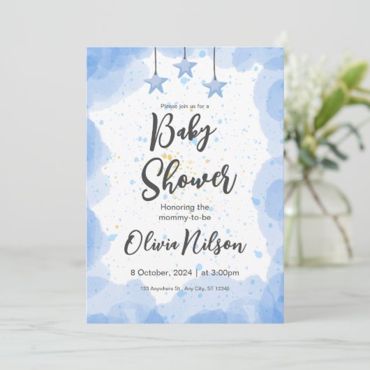 Blauwe Waterverf Baby shower, Oh Boy Baby shower Kaart (Staand voorkant)
